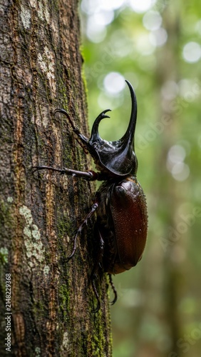 Stunning Macro Photography of a Giant Rhinoceros Beetle Perched on a Mossy Wood Branch with a Lush Green Bokeh Background