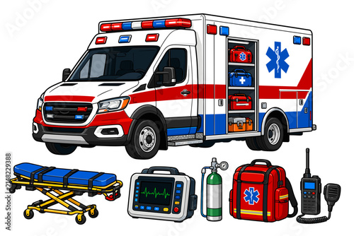 Emergency Medical Service Ambulance Vector Graphic Illustration with Life Support Equipment: Stretcher, Monitor, Oxygen Tank, Bag, Radio, and Walkie
