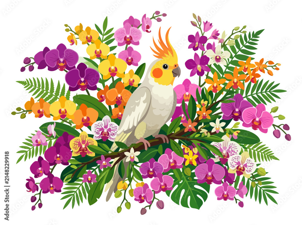 Naklejka premium A vibrant cockatiel perched amidst a lush arrangement of colorful tropical orchids and green foliage.
