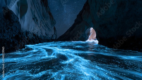Luminous Currents: Electric-Blue Bioluminescence inside a Moonless Sea Cave
