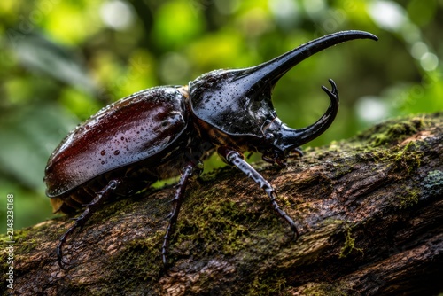 Stunning Macro Photography of a Giant Rhinoceros Beetle Perched on a Mossy Wood Branch with a Lush Green Bokeh Background