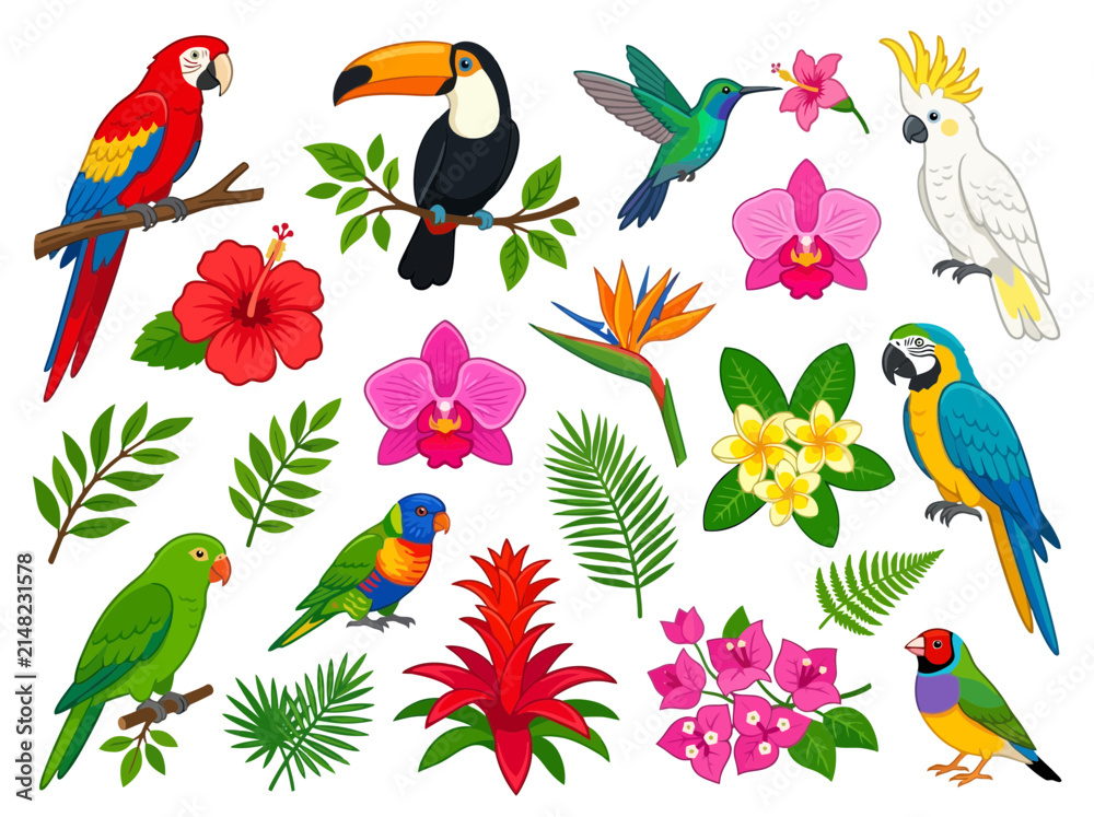 Fototapeta premium Collection of colorful tropical birds and exotic flowers.
