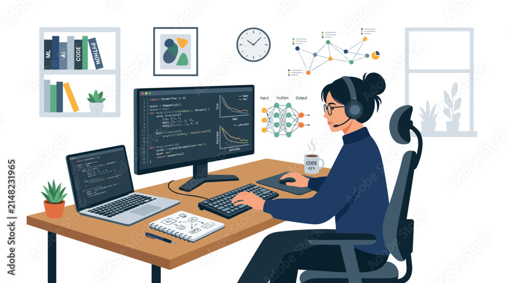 Fototapeta premium Programmer Woman Working on Computer with Code and Neural Network Graphics