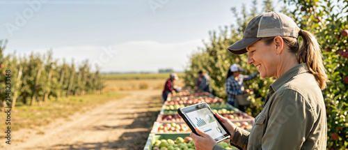 Smiling female orchard manager tracking harvest data on a digital tablet outdoors in an apple orchard. Female farmer inspecting fruit production with workers in background during harvest season