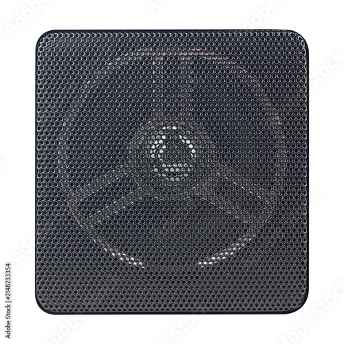 Black square speaker grill cover with audio loudspeaker visible inside, sound equipment isolated from background