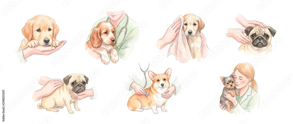Obraz premium Veterinary dog care puppy set watercolor illustration showing vet checkup, pet grooming, and medical exam with pug, corgi, and golden retriever for animal health concept isolated on black background