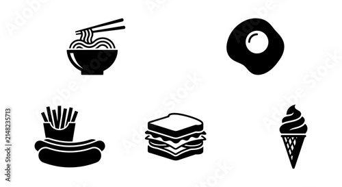 Simple Food Icons: Noodles, Fried Egg, Hot Dog, Sandwich, Ice Cream, Fries
