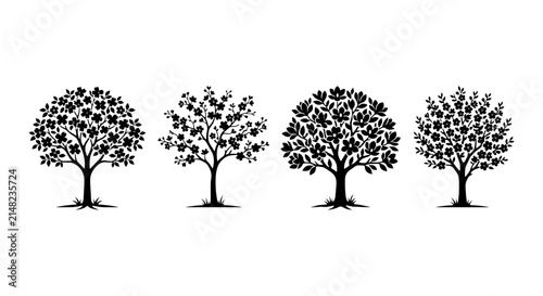 Four Black Silhouette Trees, Blooming Spring Flora, Organic Shapes, Nature Elements, Vector Graphics