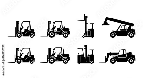 Forklift Truck Icons, Warehouse Vehicle Silhouettes, Industrial Machinery Vector Set