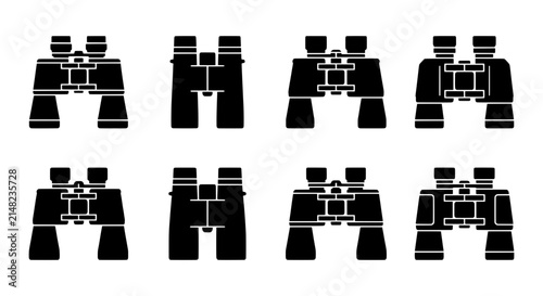 Binoculars Icon Set, Optical Zoom Lens Symbols, Magnifying View Graphics, Surveillance Equipment Vector