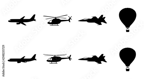 Airplane, Helicopter, Jet Fighter, Hot Air Balloon Icons Set: Aviation & Travel Vector Graphics