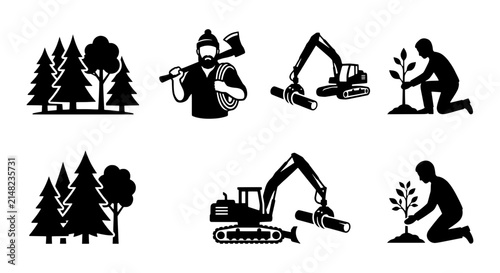 Forestry Icons Set: Lumberjack, Excavator, Tree Planting, Forest Landscape, Vector Graphics