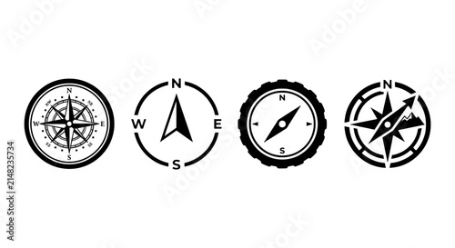 Vintage Compass Icons Set, Nautical Navigation Symbols, Retro Directional Tools, Marine Adventure Graphics