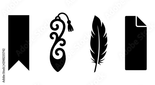 Set of 4 Black Vector Icons: Bookmark, Feather, Page Corner, Decorative Element