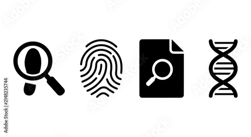 Forensic Investigation Icons: Fingerprint, DNA, Magnifying Glass, Document Analysis