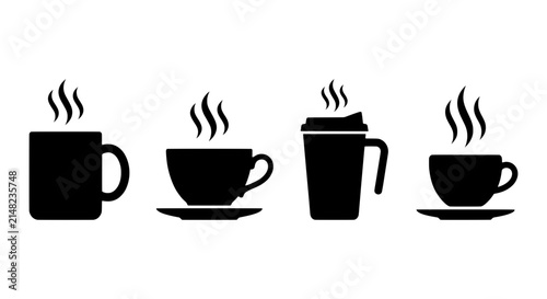 Hot Coffee Cups Vector Icons, Steaming Beverage Mugs Set, Cafe Drink Collection