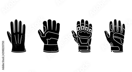 Set of Four Black Motorcycle Gloves, Protective Gear Icons, Safety Handwear Vector Collection