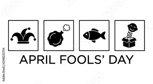 April Fools Day Icons, Prank Symbols, Jester Hat, Fish, Jack in the Box, Vector Set
