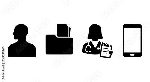 Healthcare Icons: Patient Profile, Medical Records, Doctor, Smartphone for Digital Health