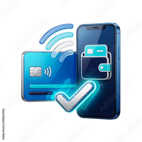 Contactless mobile payment concept, digital wallet on smartphone screen, blue credit card with NFC signal and checkmark icon  on transparent background