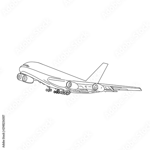 An outline illustration of an Airbus aircraft,suitable for children's coloring books,depicting the plane with its landing gear deployed and showcasing its distinctive wing shape.