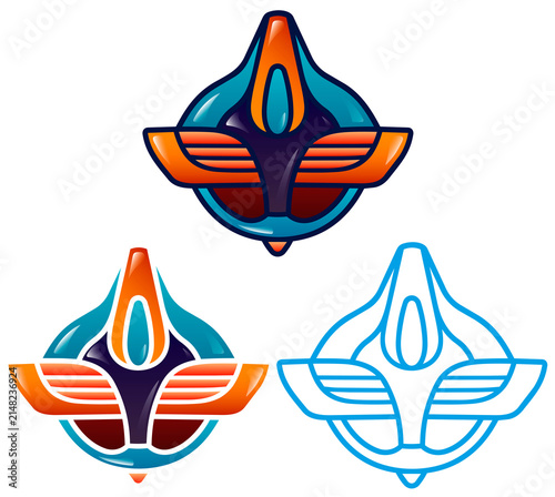 SCI-FI SPACESHIP EMBLEM VECTOR SET. FUTURISTIC GAMING LOGO ICON, SPACE FACTION BADGE, COSMIC MILITARY INSIGNIA. ALIEN TECH SYMBOL GRAPHIC ELEMENTS FOR UI GAME DESIGN
