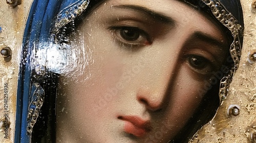 Virgin mary icon showing a close up of her face, reflecting profound sadness and spiritual devotion, rendered in a traditional religious art style with golden embellishments