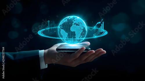 Hand Holding Smartphone with Glowing Digital Globe and Business Financial Growth Data Charts High Tech Concept