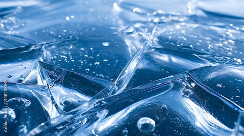 Blue ice texture capturing a detailed abstract pattern of fractured frozen water, creating a cool, crystalline background with subtle bubbles