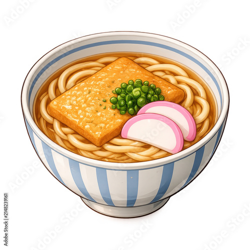 Traditional Japanese Kitsune Udon with Fried Tofu in Ceramic Bowl, Hand Painted Food Clipart Isolated on Transparent Background