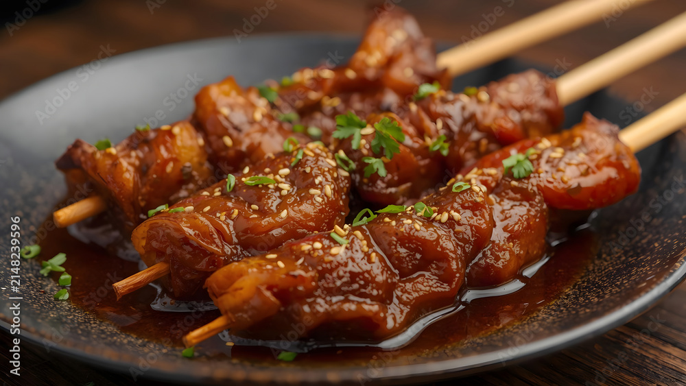 Fototapeta premium Delicious Glazed Chicken Skewers with Sesame Seeds and Herbs on Dark Plate