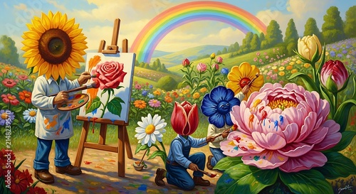 Flower characters painting canvas in rainbow meadow.