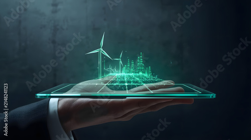 Futuristic Vision of Sustainable Urban Development with Holographic Wind Turbines and Green City
