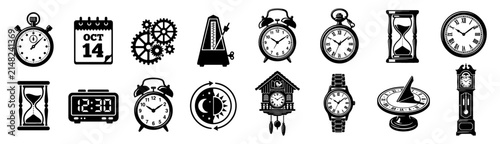 Bild auf Leinwand Clocks time measurement and horology vector icon set