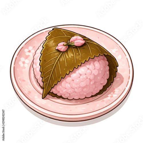 Traditional Sakura Mochi Japanese Rice Cake Wrapped in Cherry Blossom Leaf Hand Painted Food Clipart Isolated on Transparent Background