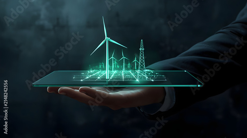 Futuristic green energy technology hologram presenting wind turbines on a digital tablet