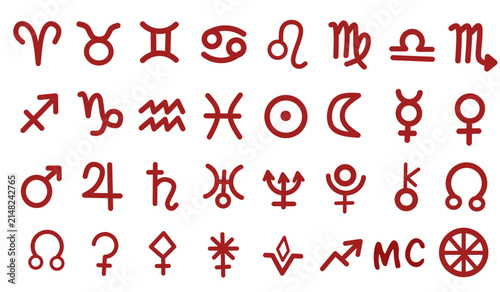 Collection of 32 Black Astrology and Astronomy Icons Featuring Zodiac Signs, Planetary Symbols, Mercury, Venus, Asteroids, Lunar Nodes, Horoscope Wheel, and Celestial Elements
