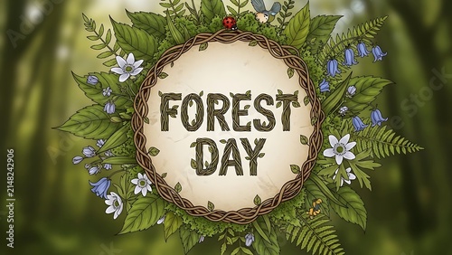 Forest Day text in rustic wooden floral wreath frame.