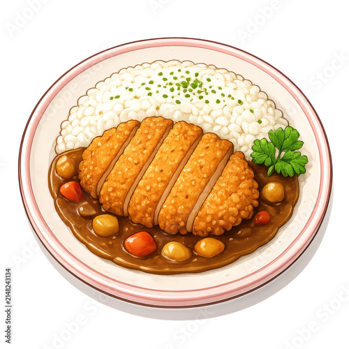 Japanese Curry Rice with Crispy Pork Cutlet Hand Painted Food Clipart Isolated on Transparent Background