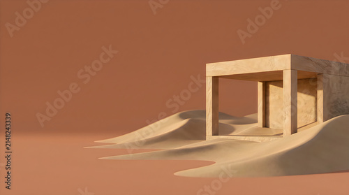 Minimalist 3d render of a stone structure on sand dunes against a warm terracotta background