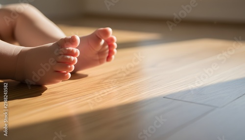 Close up of tiny baby feet on hardwood floor in gentle morning sunlight for newborn innocence and child development concept with natural warm lighting