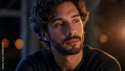 Cinematic portrait of young handsome man with dark curly hair and mustache