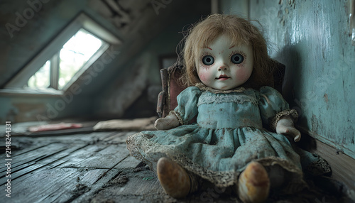 Doll Sitting on a Wooden Porch in a Cozy Outdoor Setting