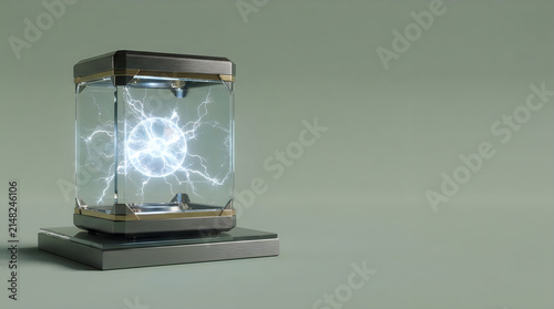 Futuristic energy containment unit with glowing plasma orb inside a glass and metal box on a pedestal