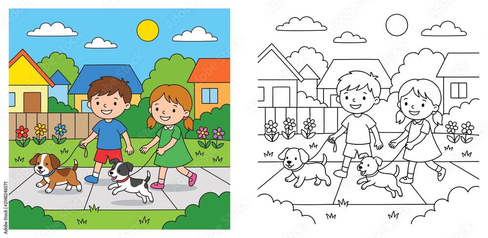 Fototapeta premium Children Walking Dogs Vector Illustration with Matching Coloring Page Outline Boy Girl Pets Outdoor Neighborhood Activity Cartoon (137 characters)