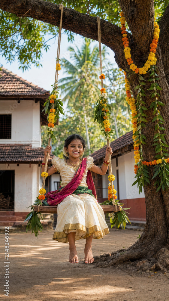 Fototapeta premium Onam holiday swing decorated with marigold garlands beneath village tree, smiling girl in kerala attire, harvest festival courtyard, floral pookalam decor, vallam kali pulikali sadya culture