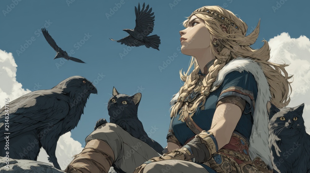 Naklejka premium Mysterious Woman Surrounded by Ravens and Cats in Enigmatic Landscape