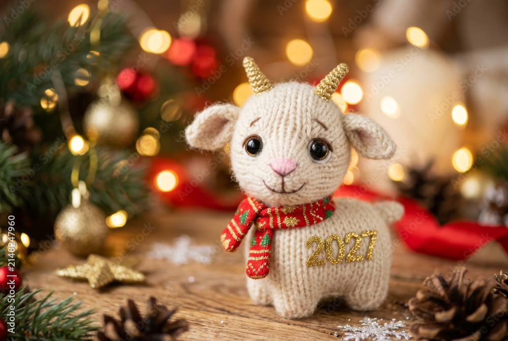 Fototapeta premium Knitted goat toy with 2027 label as a symbol of the upcoming New Year.