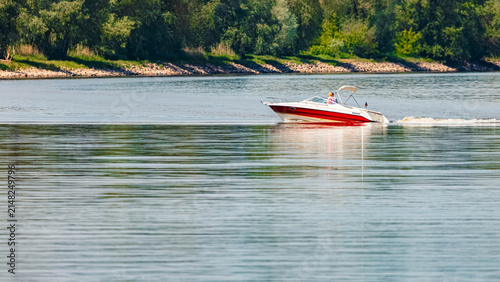 Beautiful summer view with a boat near Stephansposching, Danube, Deggendorf, Bavaria, Germany