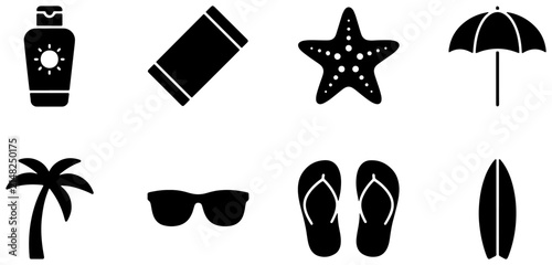 Summer Beach Icons Set, Tropical Vacation Symbols, Sunscreen, Towel, Starfish, Umbrella, Palm Tree, Sunglasses, Flip Flops, Surfboard Vector Graphics